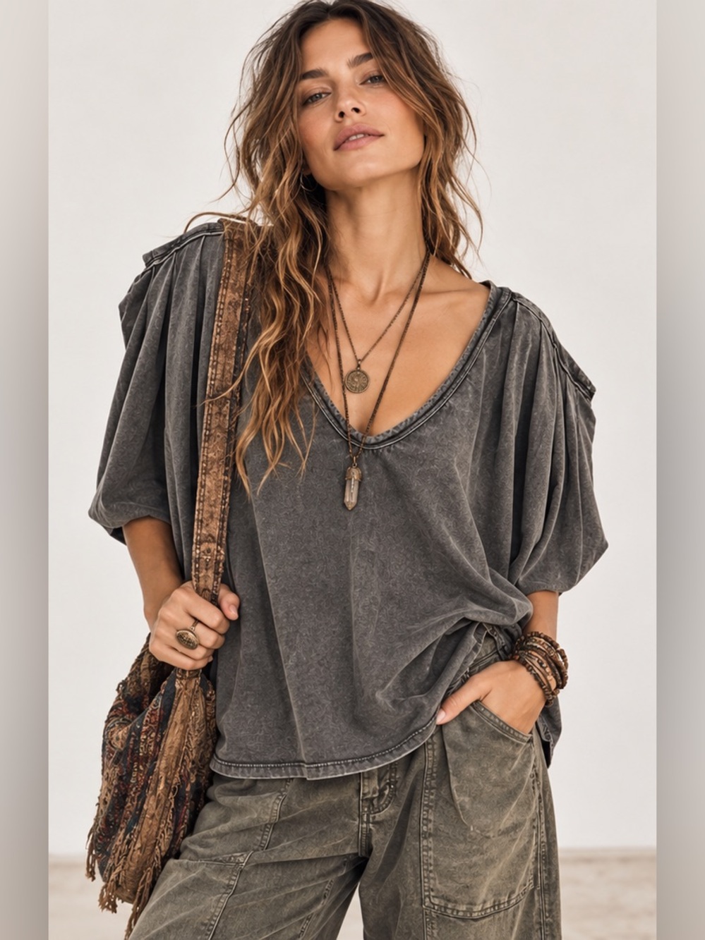 We The Free Washed Black Relaxed V-Neck Tunic